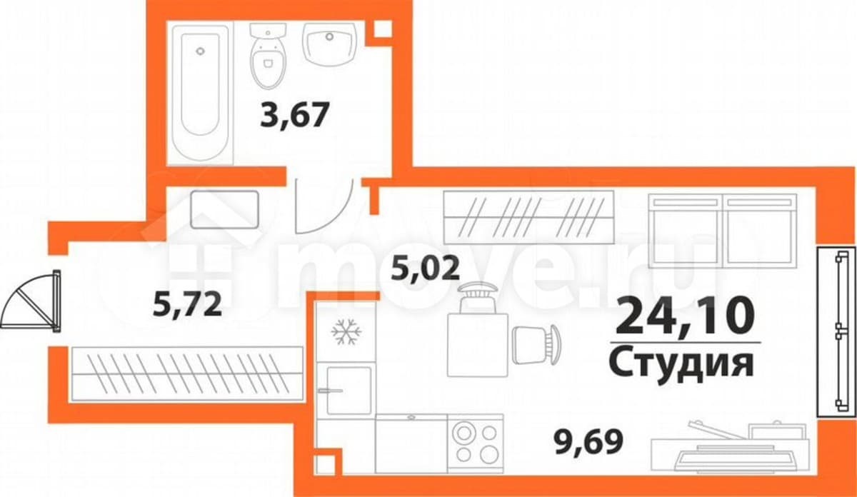 1-комн. квартира, 24.1 м²